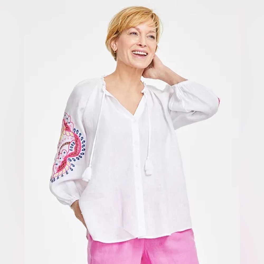 100% Linen Embroidered Peasant Top Women's Small White pink Floral Boho‎ mexican
